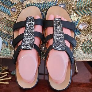 Revere Black Leather Crystal-Strap Slide Sandals Size 11
